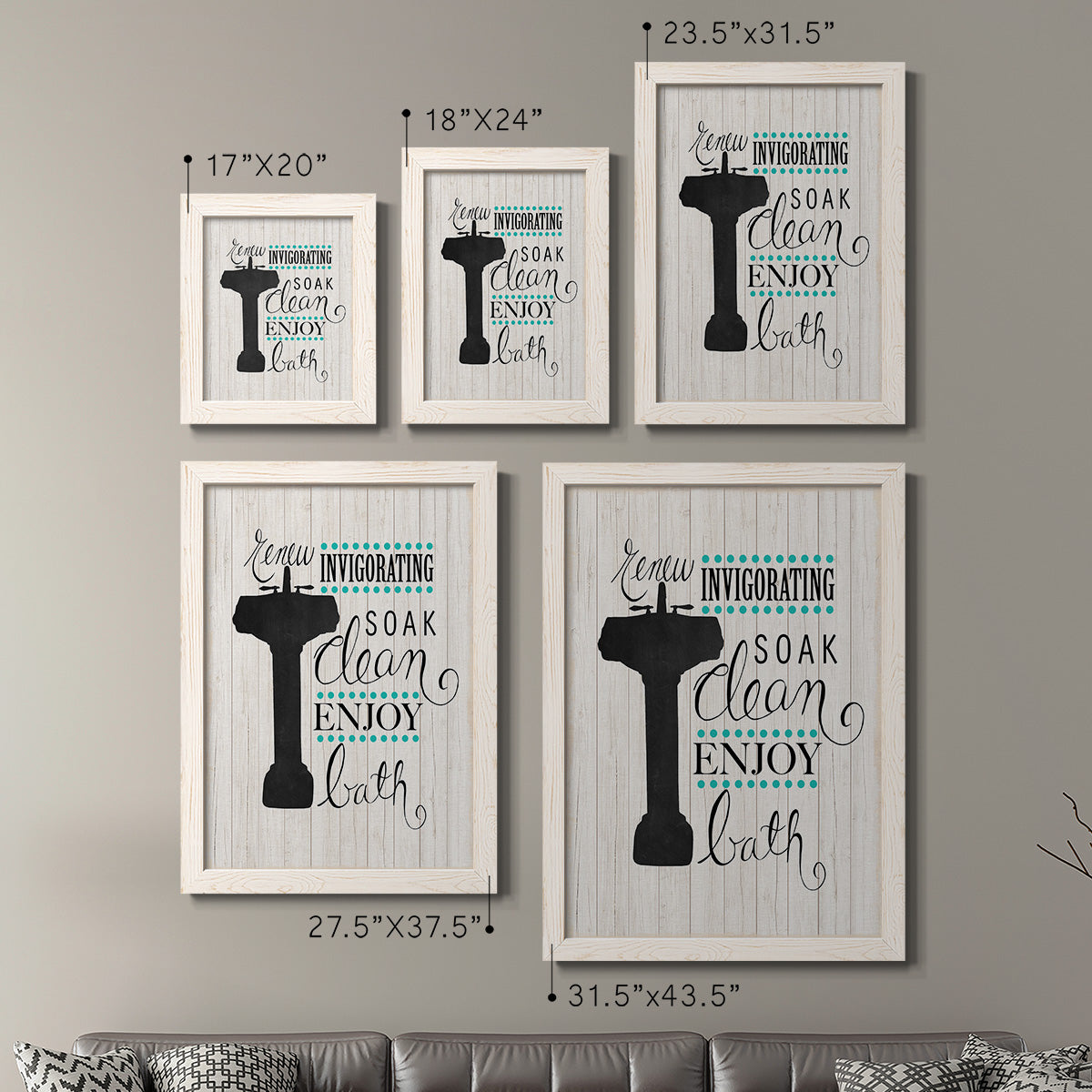 Size comparison chart for a set of two white barnwood framed canvas prints.
