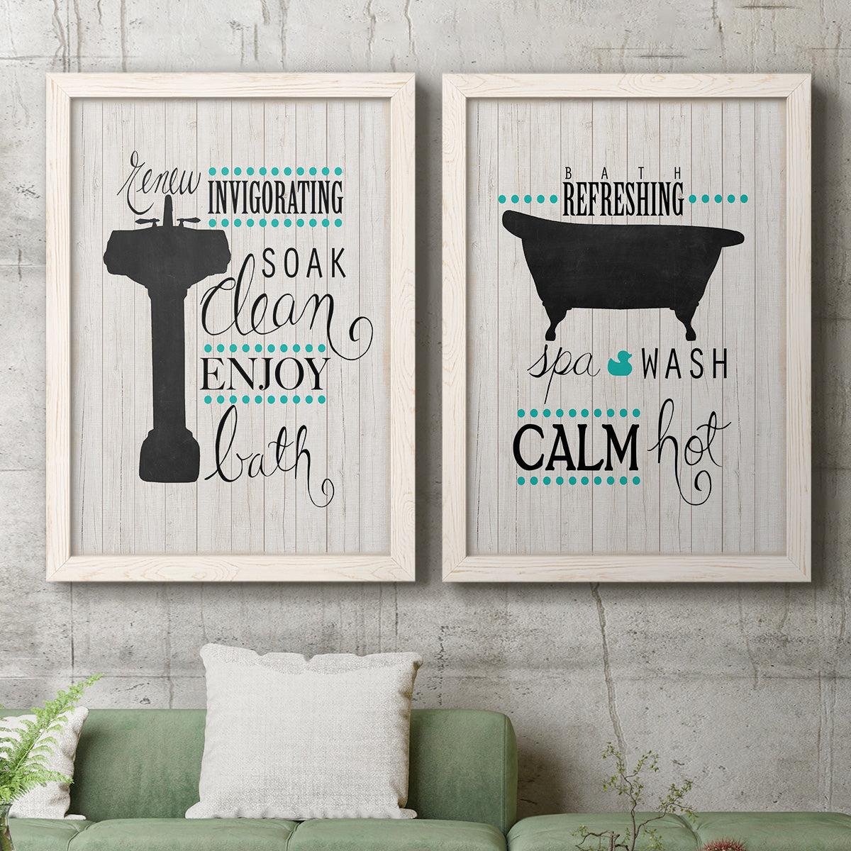 Set of two white barnwood framed canvas prints depicting a coordinated art pair of playful bathtub silhouettes and bath-themed typography rendered as graphic bathroom word art above a sofa in a modern living room.