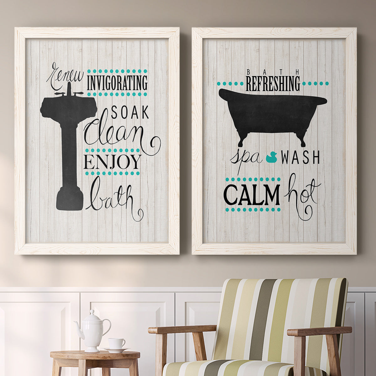 Set of two white barnwood framed canvas prints depicting two graphic bathroom word art featuring playful bathtub silhouettes and bath-themed typography above a sideboard in a cozy sitting room.