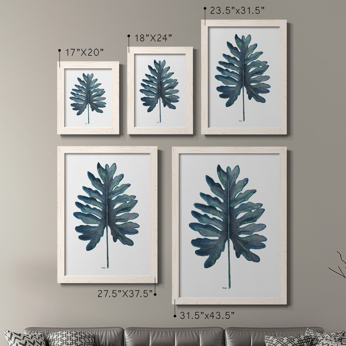 Size comparison chart for a set of two white barnwood framed canvas prints.