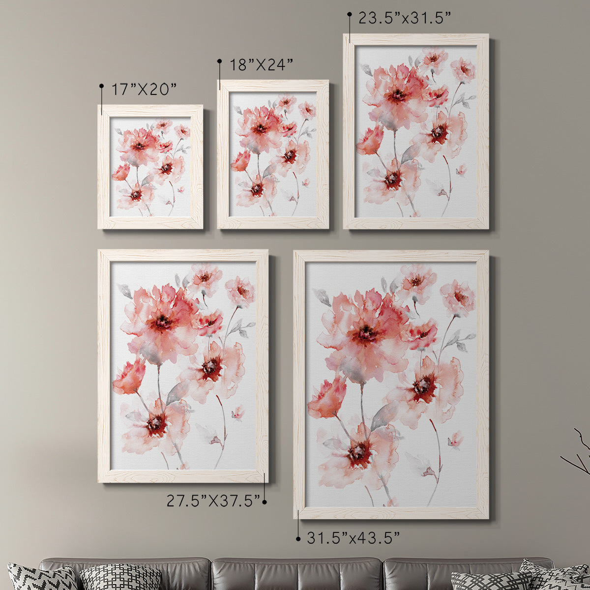 Size comparison chart for a set of two white barnwood framed canvas prints.