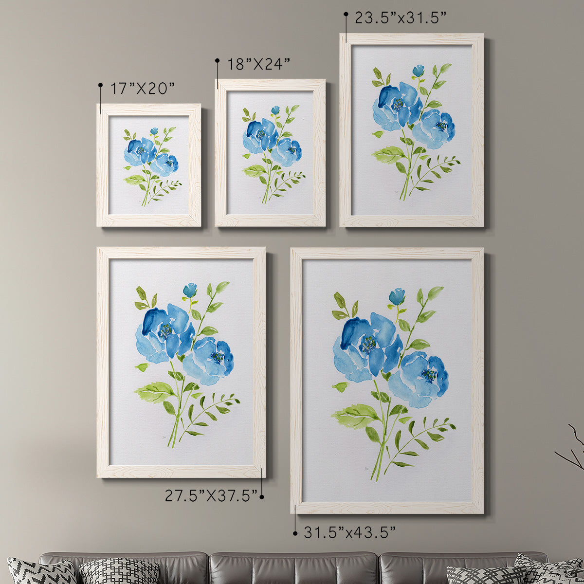 Size comparison chart for a set of two white barnwood framed canvas prints.
