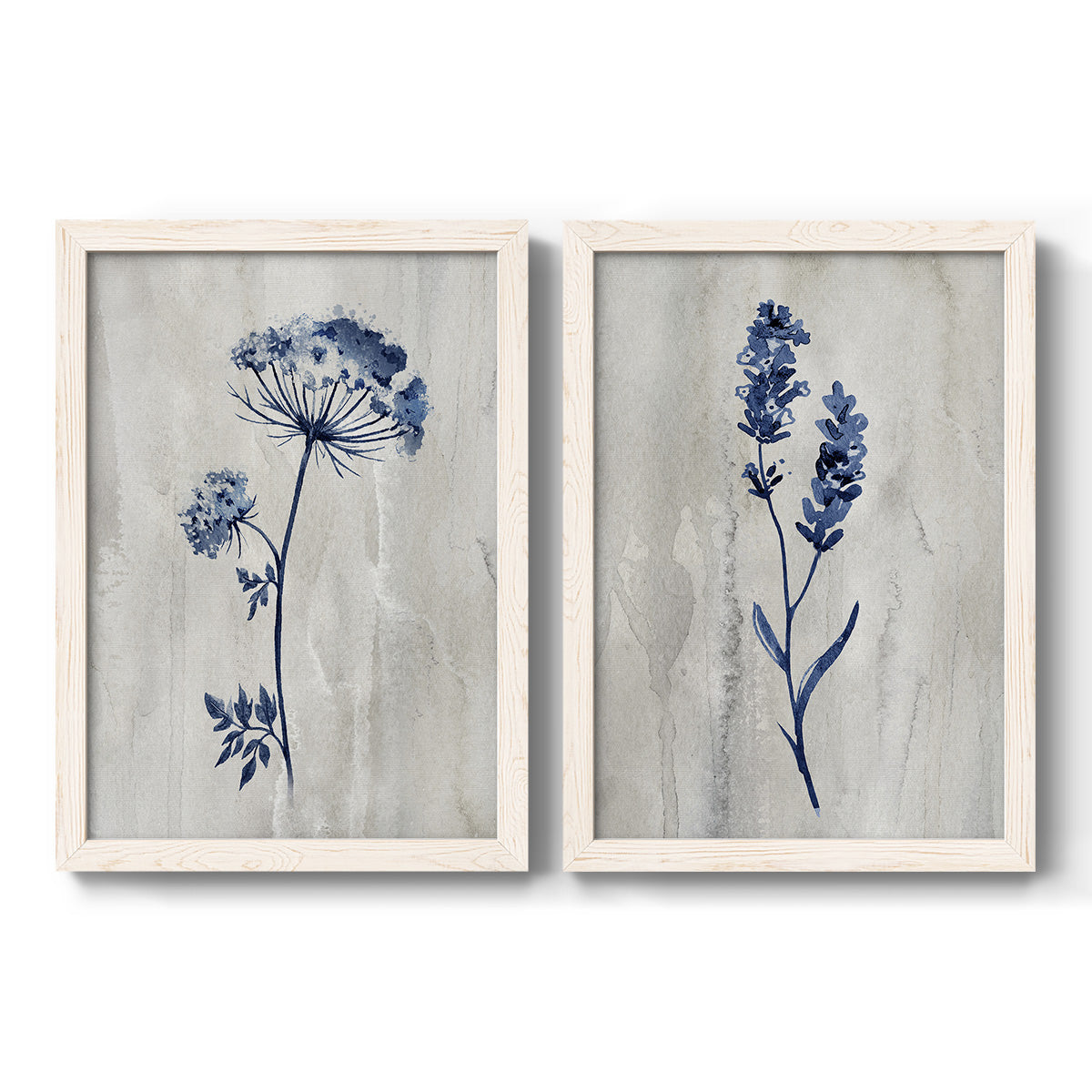 Set of two white barnwood framed canvas prints featuring two rustic monochrome botanical paintings featuring blue wildflower stems on weathered neutral paper.