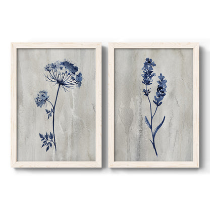 Set of two white barnwood framed canvas prints featuring two rustic monochrome botanical paintings featuring blue wildflower stems on weathered neutral paper.