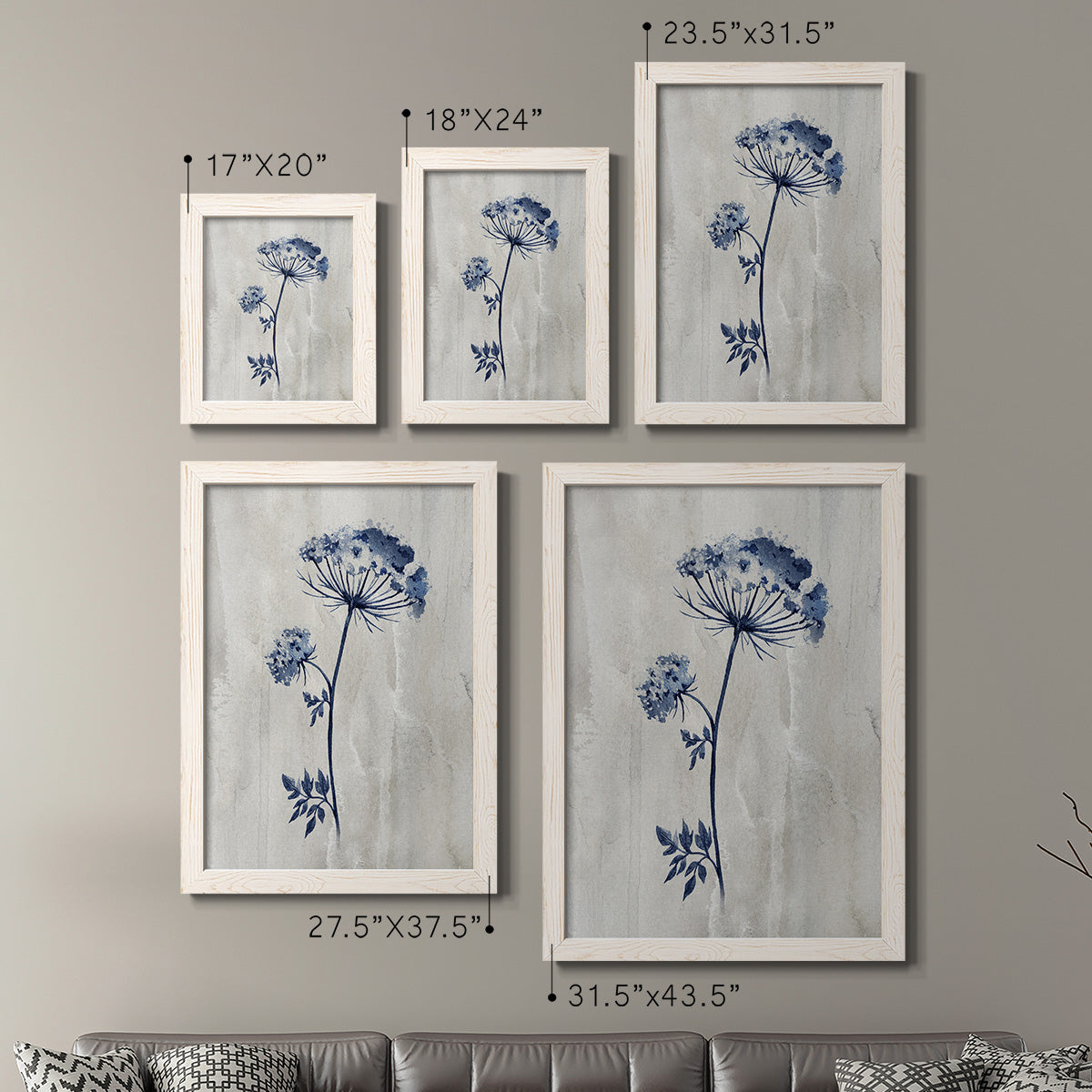 Size comparison chart for a set of two white barnwood framed canvas prints.