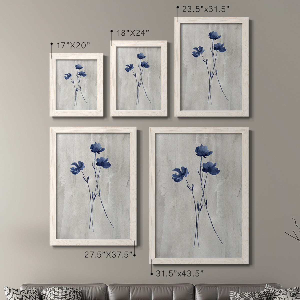Size comparison chart for a set of two white barnwood framed canvas prints.