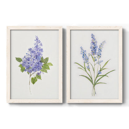 Set of two white barnwood framed canvas prints featuring two delicate watercolor botanical studies featuring purple lilac and blue wildflower stems.