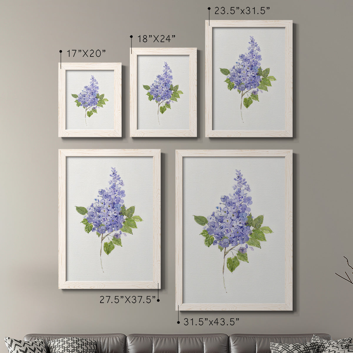 Size comparison chart for a set of two white barnwood framed canvas prints.