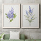 Set of two white barnwood framed canvas prints depicting a coordinated art pair of purple lilac and blue wildflower stems rendered as delicate watercolor botanical studies above a sofa in a modern living room.