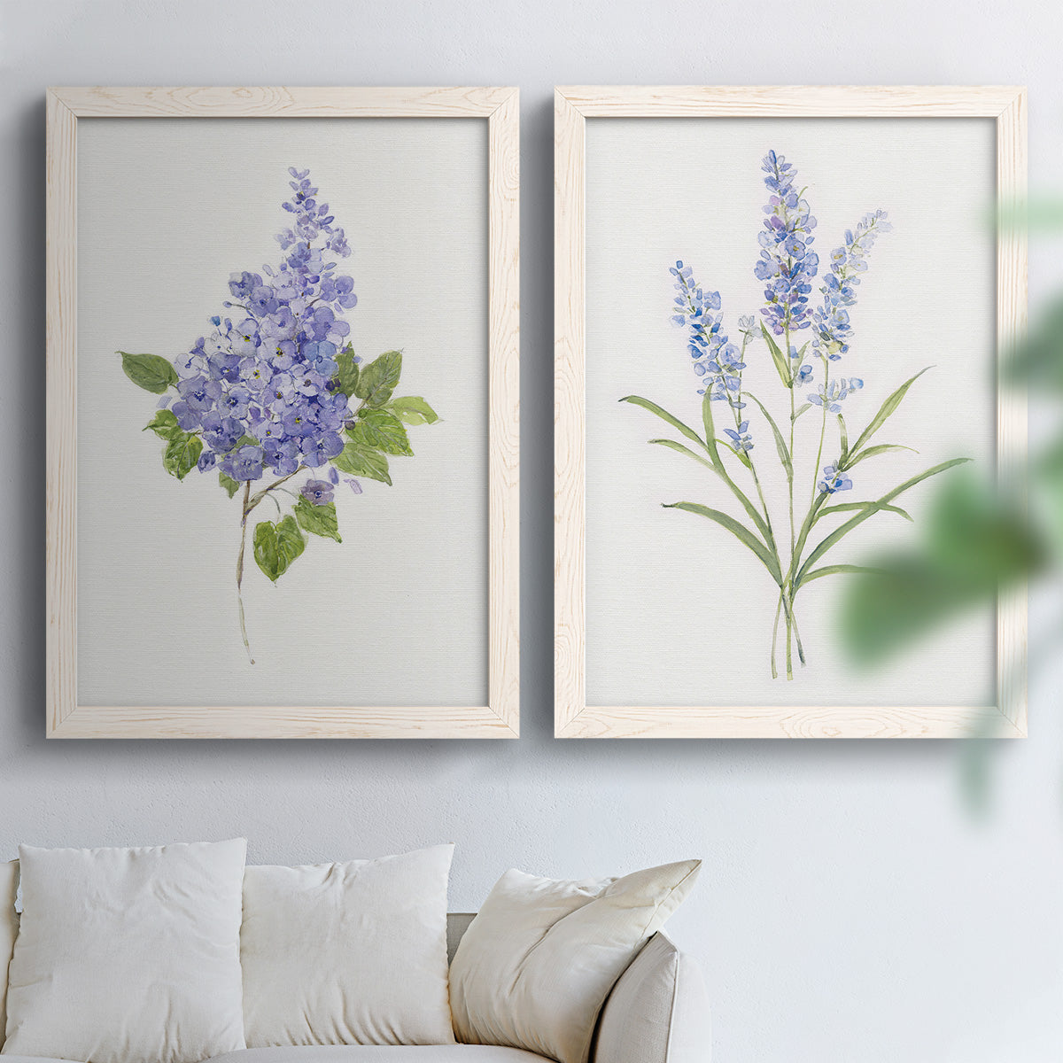 Set of two white barnwood framed canvas prints depicting soft blossoms, fine green leaves, and clean white backgrounds arranged across two complementary compositions above a sofa in a bright living space.