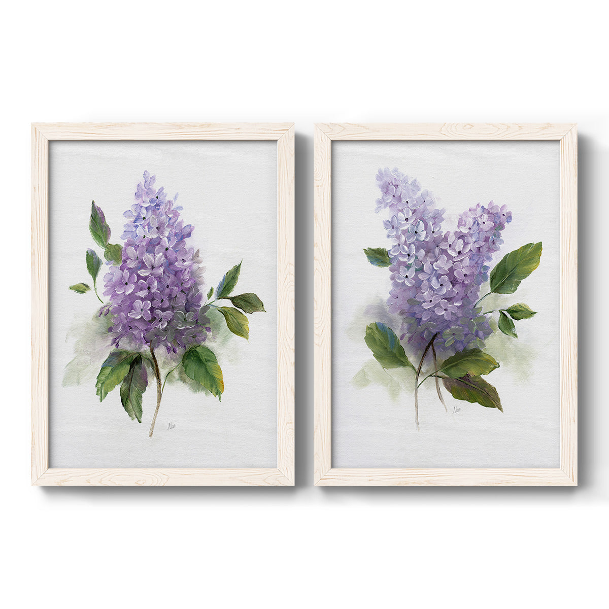 Set of two white barnwood framed canvas prints featuring two romantic traditional floral paintings featuring full purple lilac clusters with green leaves.