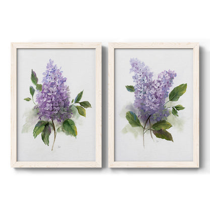 Set of two white barnwood framed canvas prints featuring two romantic traditional floral paintings featuring full purple lilac clusters with green leaves.