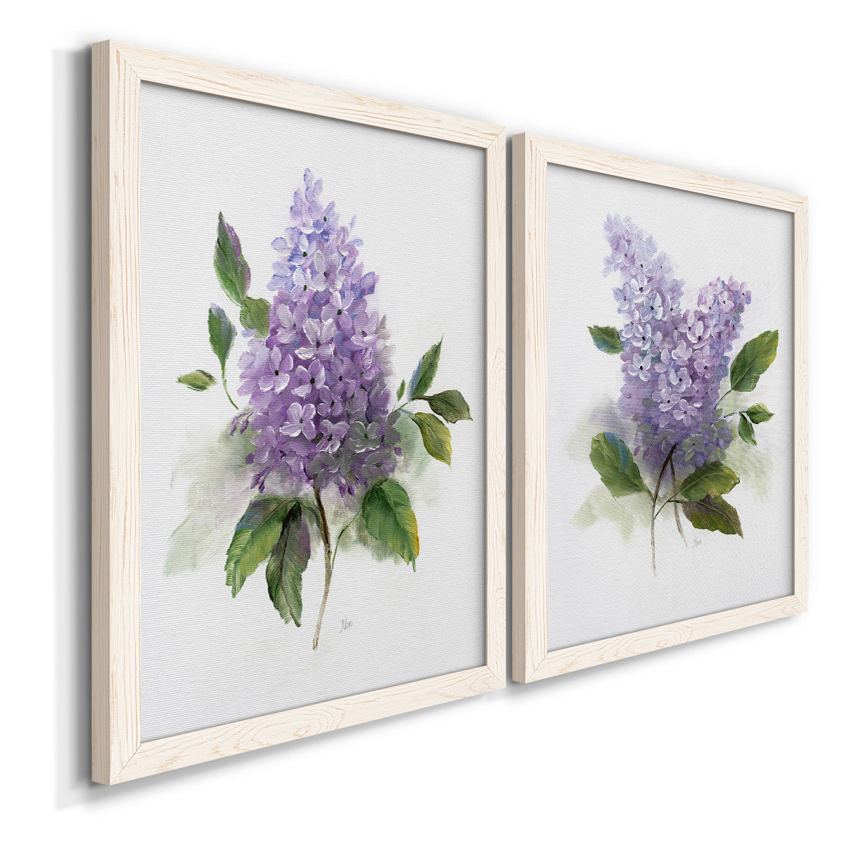 Angled view of a set of two white barnwood framed canvas prints featuring two romantic traditional floral paintings featuring full purple lilac clusters with green leaves.