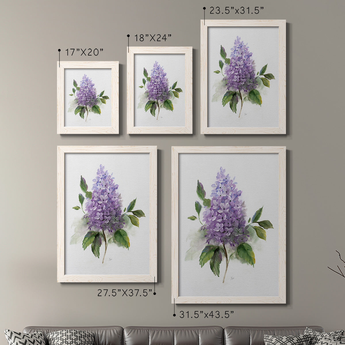 Size comparison chart for a set of two white barnwood framed canvas prints.