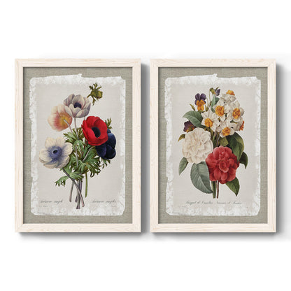 Set of two white barnwood framed canvas prints featuring two traditional botanical collage prints featuring vintage mixed-flower bouquets on distressed paper.