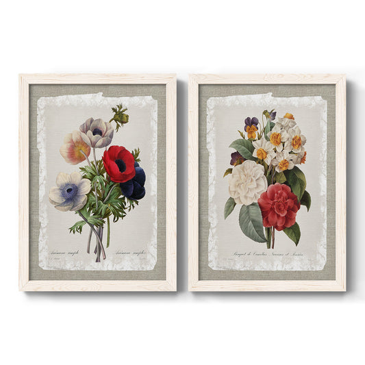 Set of two white barnwood framed canvas prints featuring two traditional botanical collage prints featuring vintage mixed-flower bouquets on distressed paper.