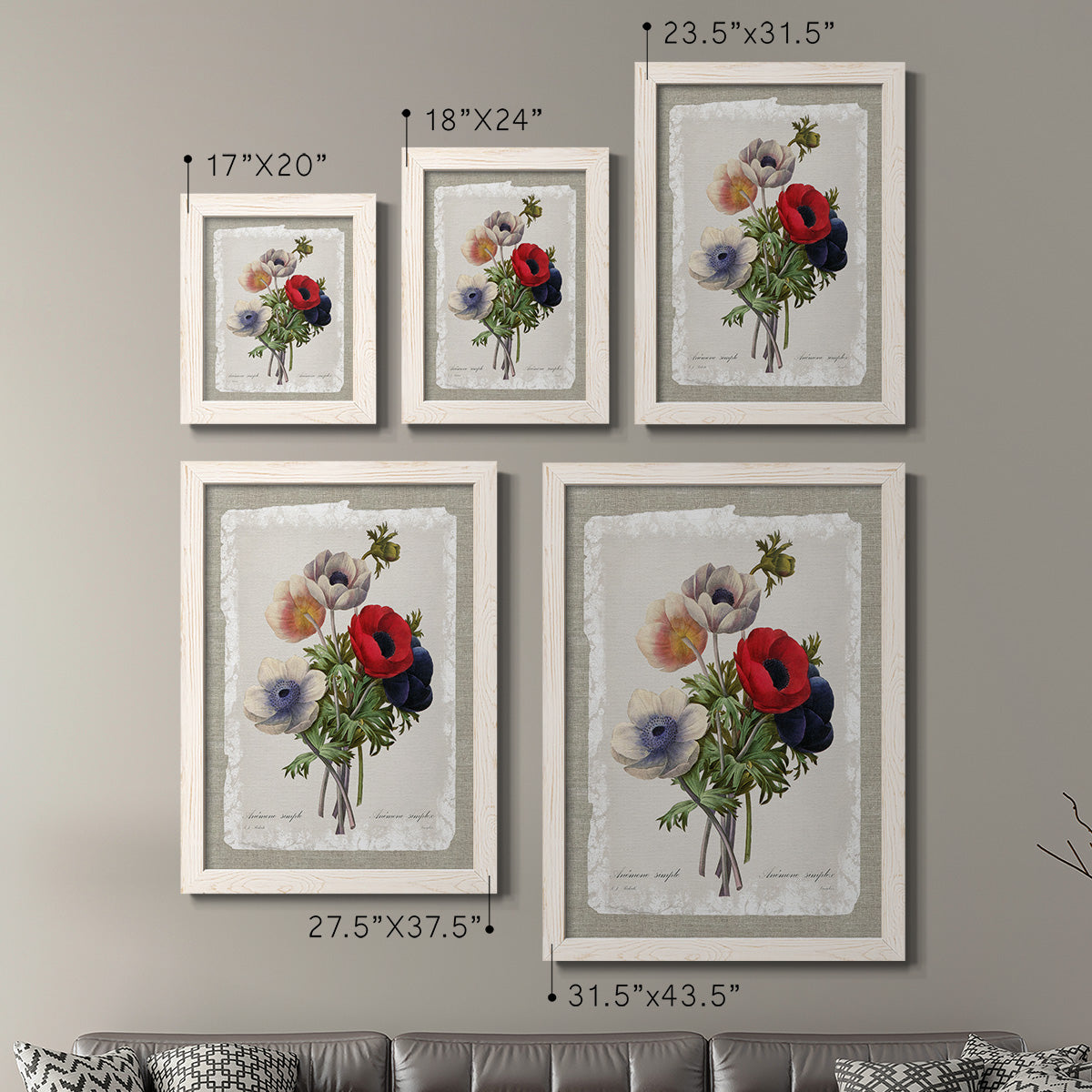 Size comparison chart for a set of two white barnwood framed canvas prints.