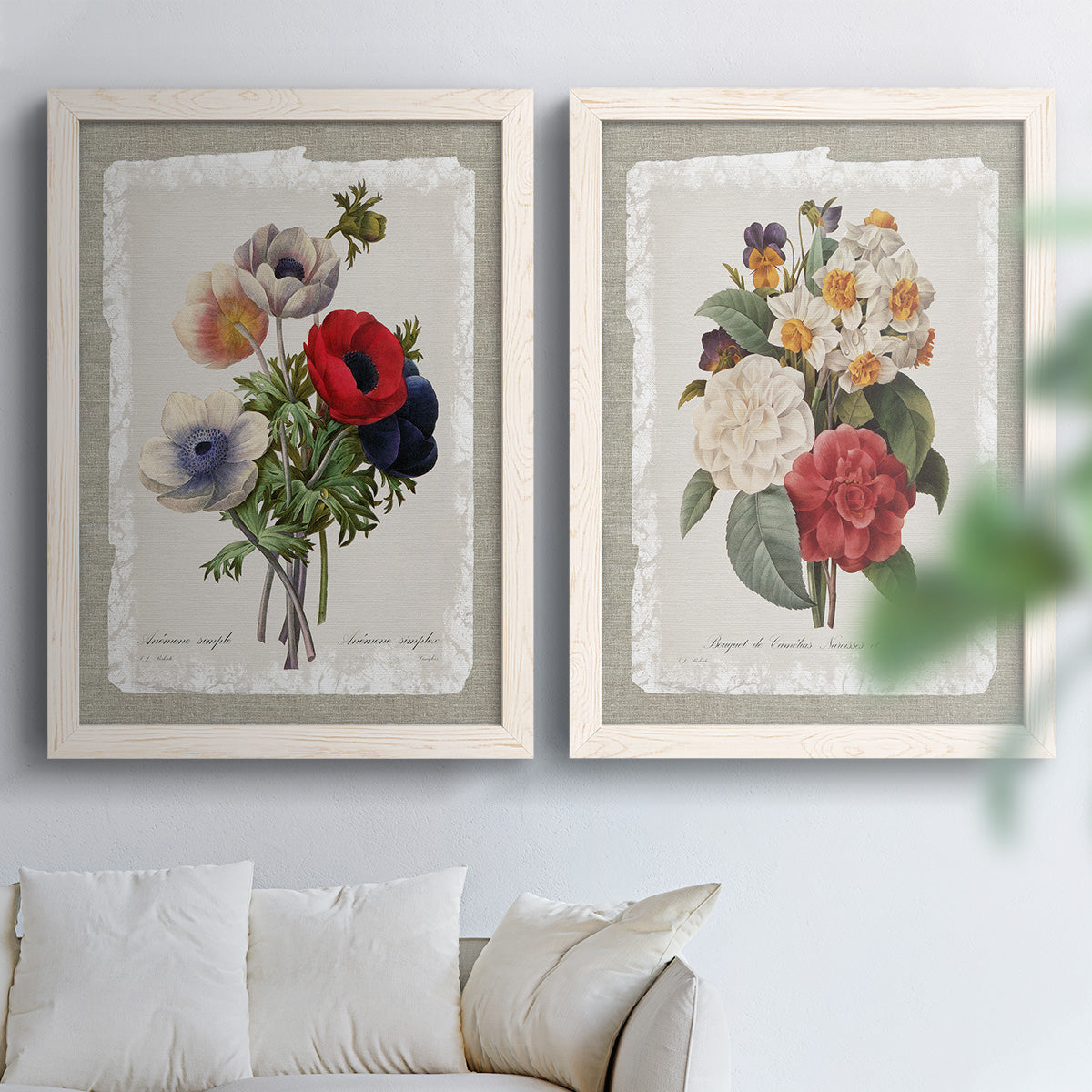 Set of two white barnwood framed canvas prints depicting roses anemones carnations leaves and archival script details arranged across two complementary compositions above a sofa in a bright living space.