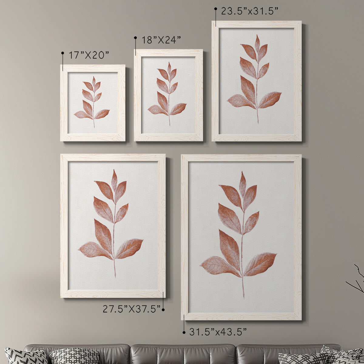 Size comparison chart for a set of two white barnwood framed canvas prints.