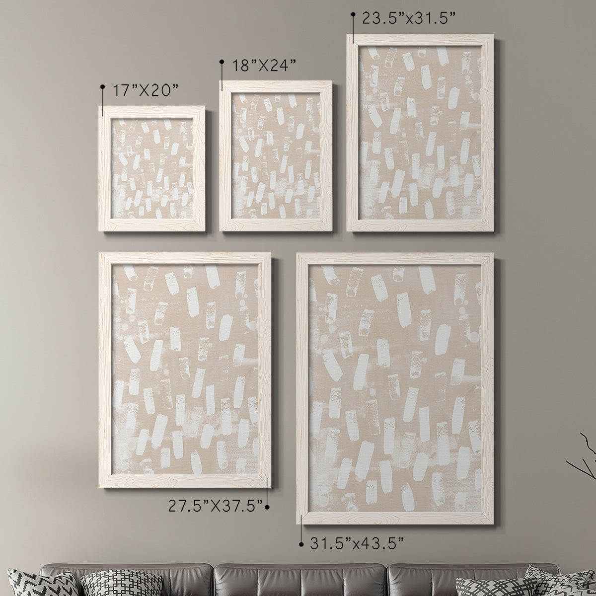Size comparison chart for a set of two white barnwood framed canvas prints.
