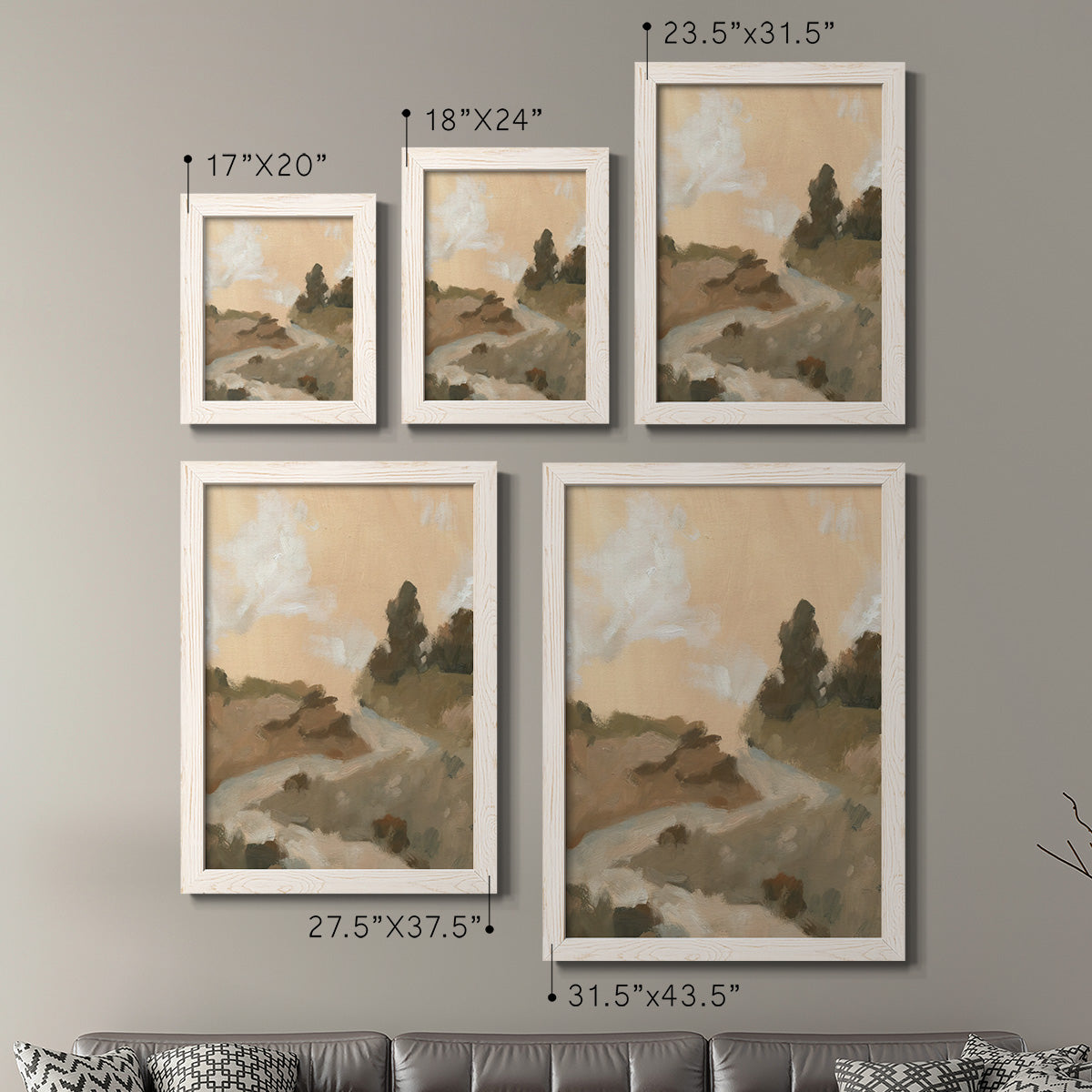 Size comparison chart for a set of two white barnwood framed canvas prints.