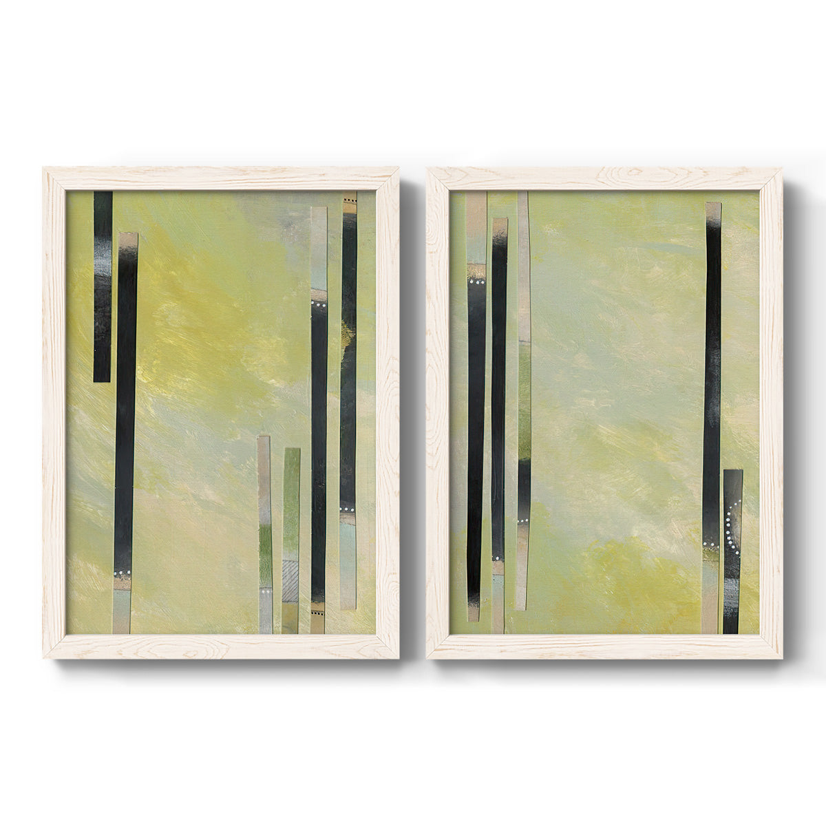 Set of two white barnwood framed canvas prints featuring two minimalist architectural abstracts featuring vertical black gray and olive bars.