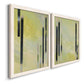 Angled view of a set of two white barnwood framed canvas prints featuring two minimalist architectural abstracts featuring vertical black gray and olive bars.