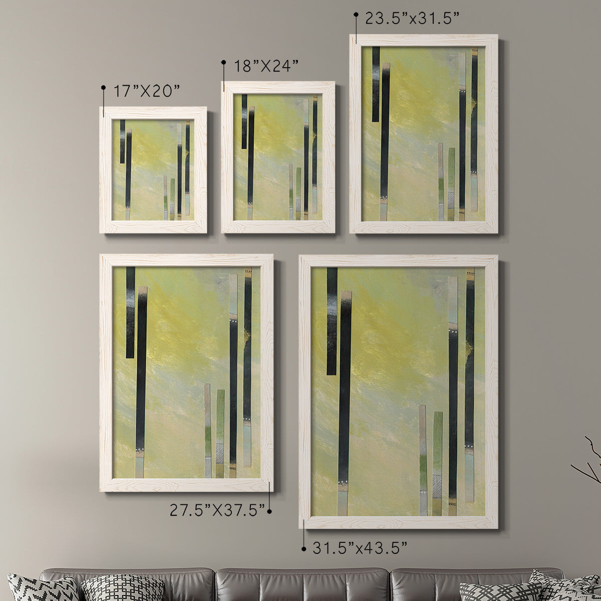 Size comparison chart for a set of two white barnwood framed canvas prints.