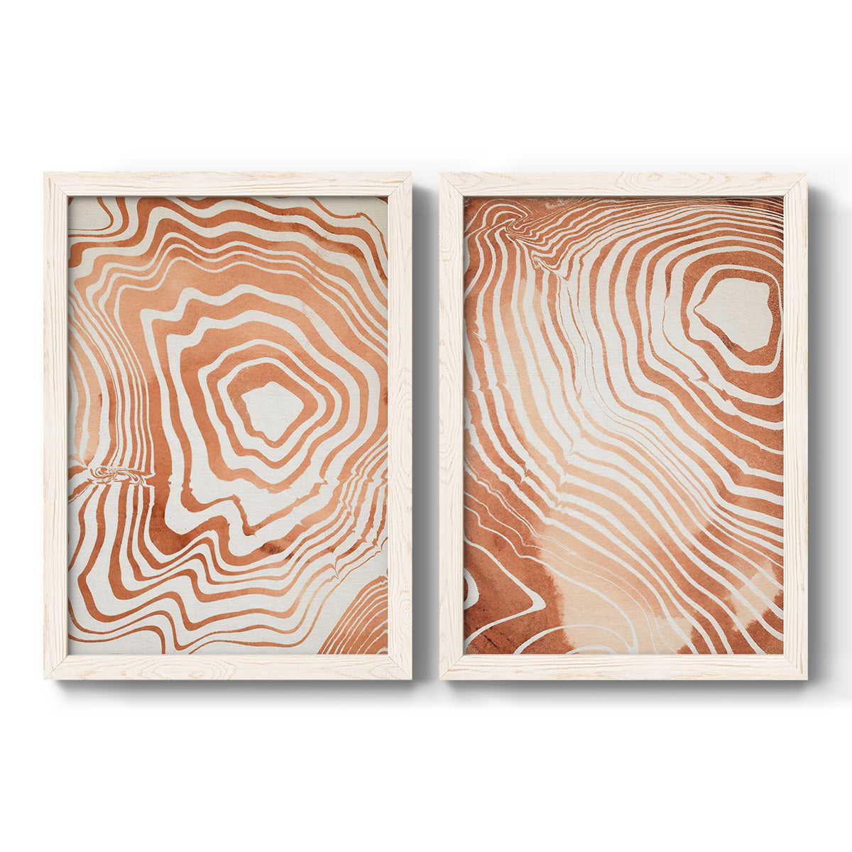 Set of two white barnwood framed canvas prints featuring two minimalist marbled pattern abstracts featuring concentric wood-grain rings and rippling contour lines.