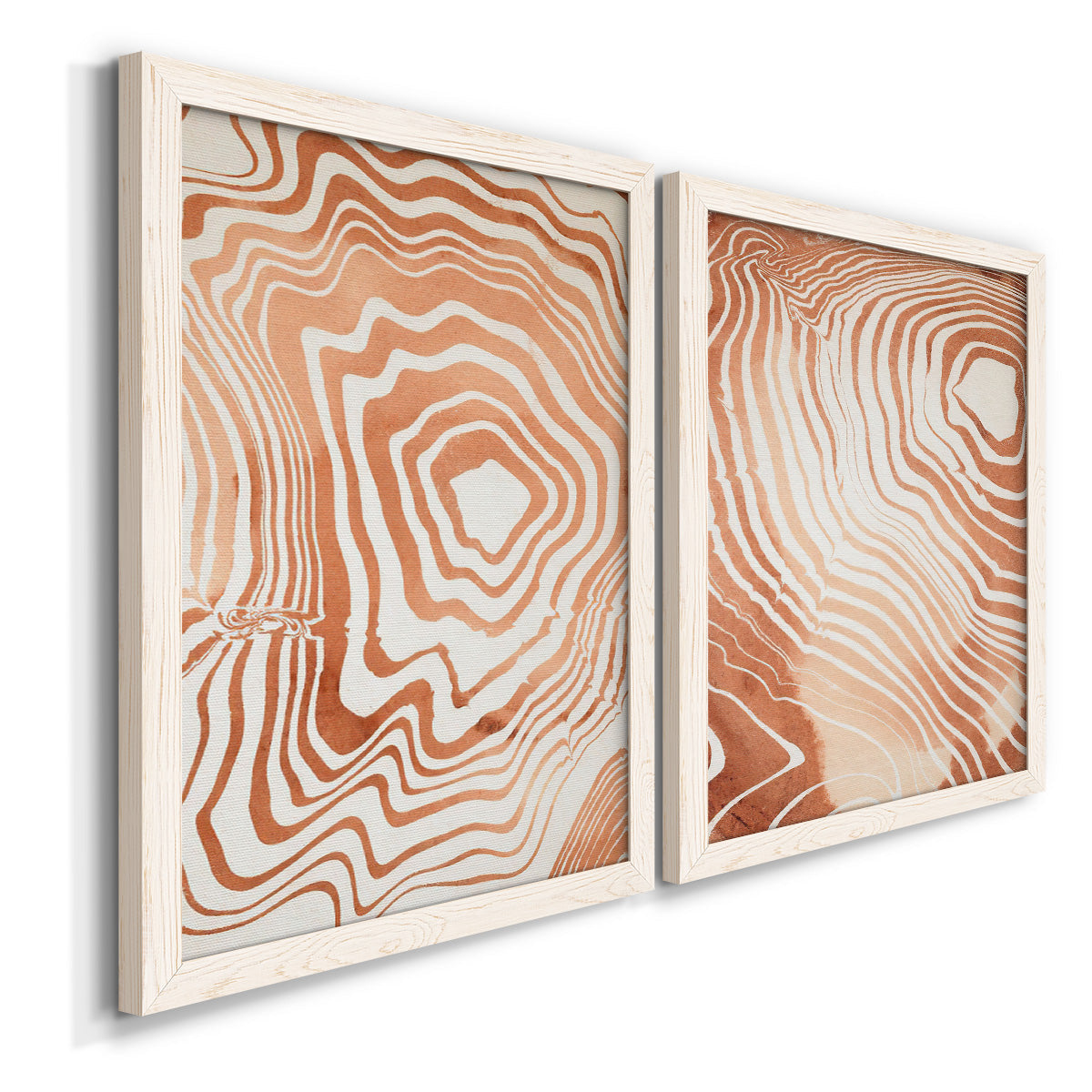 Angled view of a set of two white barnwood framed canvas prints featuring two minimalist marbled pattern abstracts featuring concentric wood-grain rings and rippling contour lines.