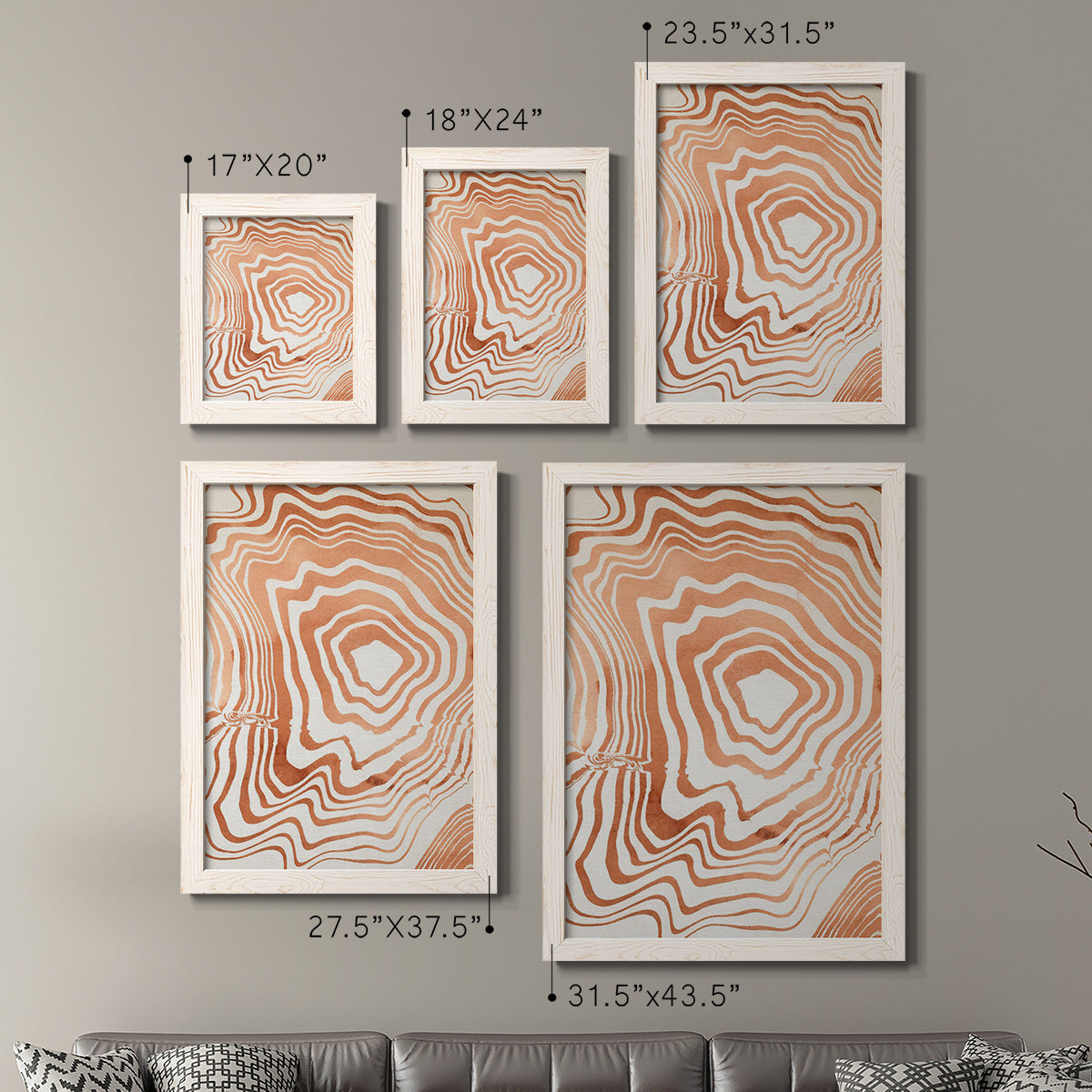 Size comparison chart for a set of two white barnwood framed canvas prints.