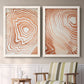 Set of two white barnwood framed canvas prints depicting two minimalist marbled pattern abstracts featuring concentric wood-grain rings and rippling contour lines above a sideboard in a cozy sitting room.
