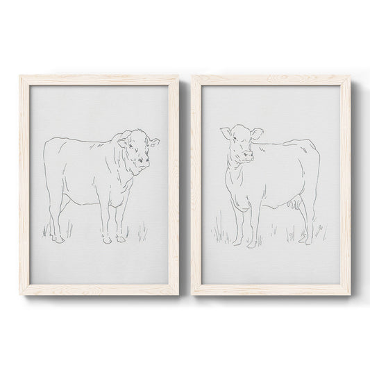 Set of two white barnwood framed canvas prints featuring two minimalist livestock sketches featuring simple contour drawings of standing cows.