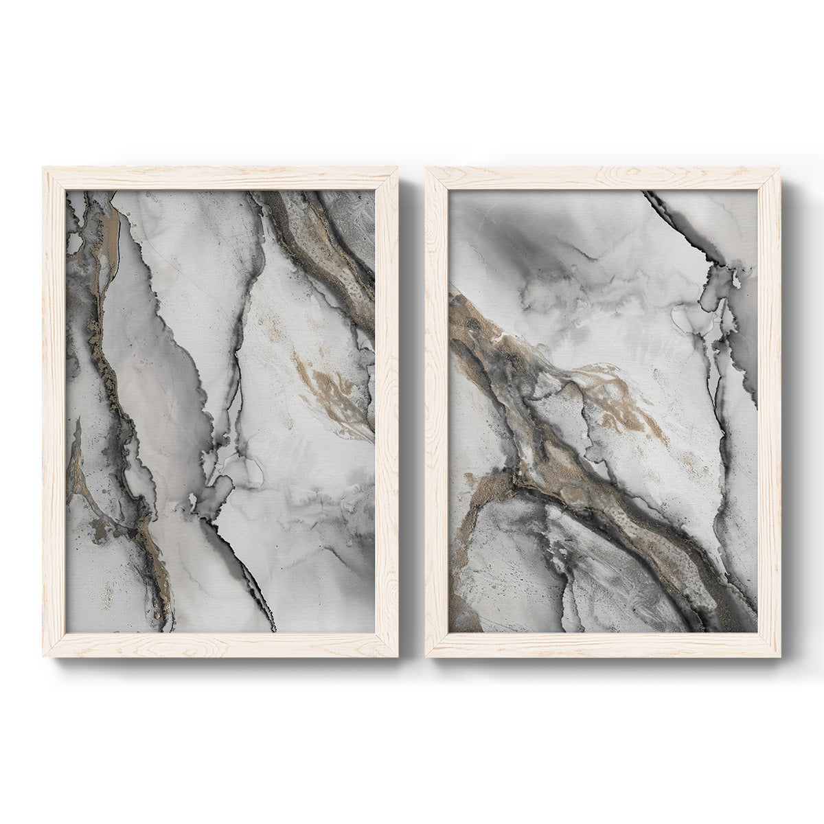 Set of two white barnwood framed canvas prints featuring two marbled alcohol ink abstracts with flowing black gray white and metallic gold veining.