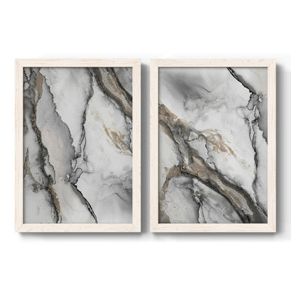 Set of two white barnwood framed canvas prints featuring two marbled alcohol ink abstracts with flowing black gray white and metallic gold veining.