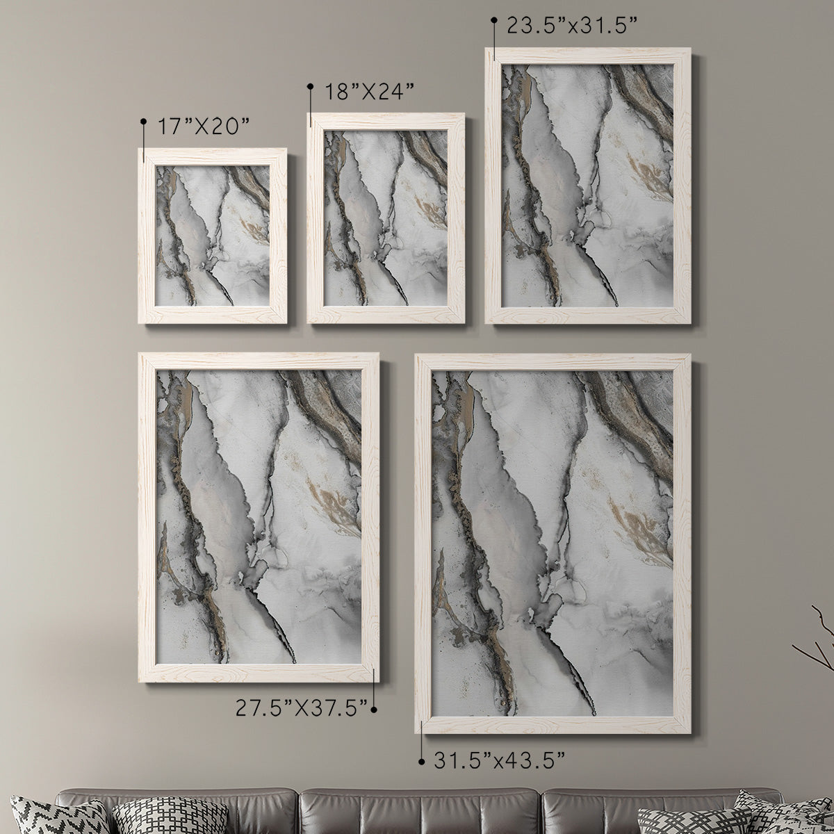Size comparison chart for a set of two white barnwood framed canvas prints.