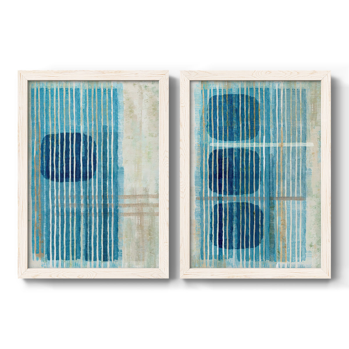 Set of two white barnwood framed canvas prints featuring two graphic geometric abstracts featuring stacked blue ovals behind fine vertical stripes.