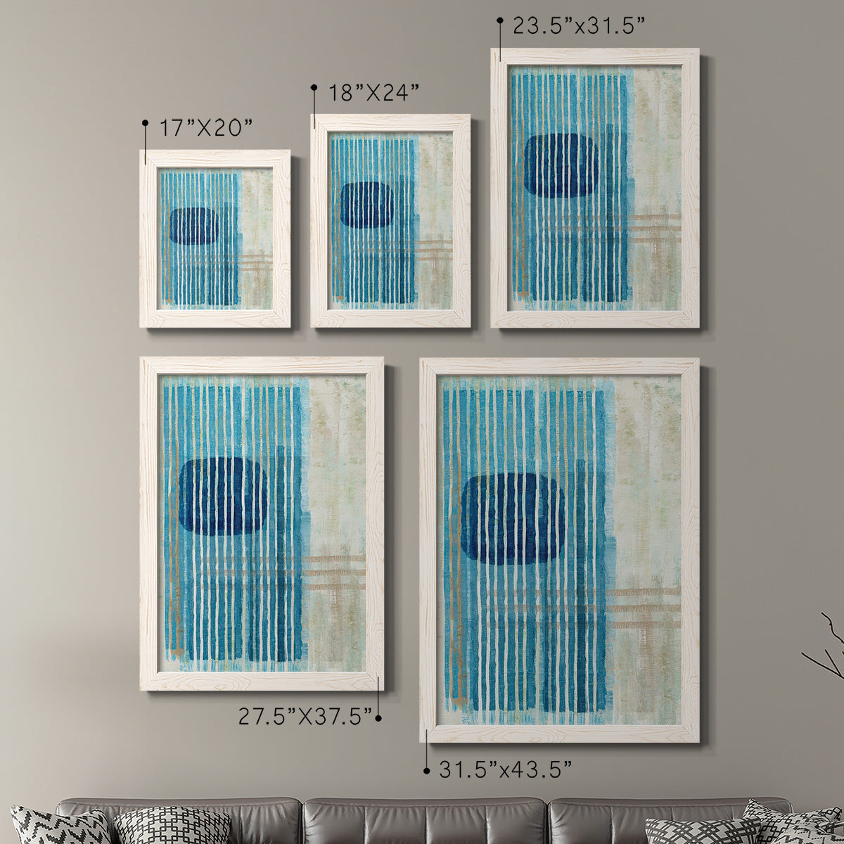 Size comparison chart for a set of two white barnwood framed canvas prints.