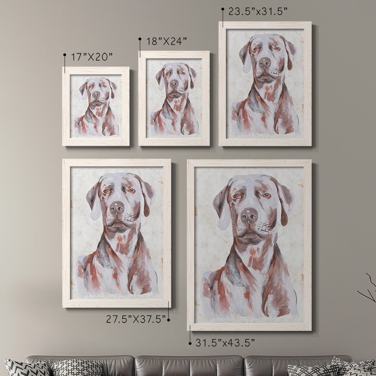 Size comparison chart for a set of two white barnwood framed canvas prints.