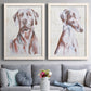 Set of two white barnwood framed canvas prints depicting paired traditional watercolor pet paintings with soft brown and gray fur, expressive faces, and lightly distressed cream grounds above a sofa in a contemporary living room.