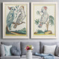 Set of two white barnwood framed canvas prints depicting paired atmospheric abstract paintings with soft clustered strokes, hazy edges, and spacious white fields above a sofa in a contemporary living room.