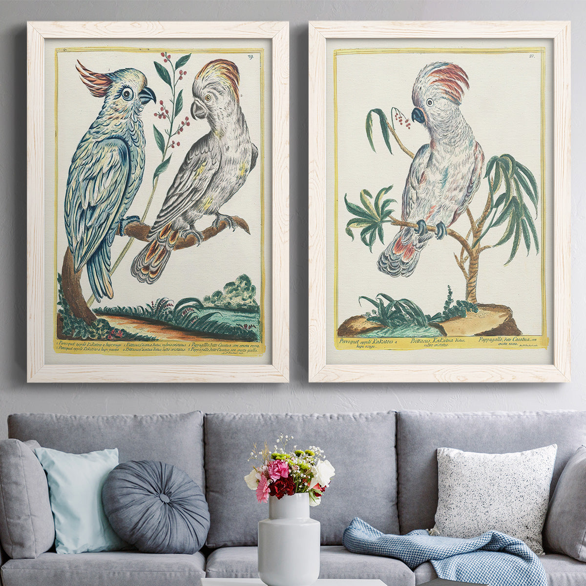 Set of two white barnwood framed canvas prints depicting paired atmospheric abstract paintings with soft clustered strokes, hazy edges, and spacious white fields above a sofa in a contemporary living room.