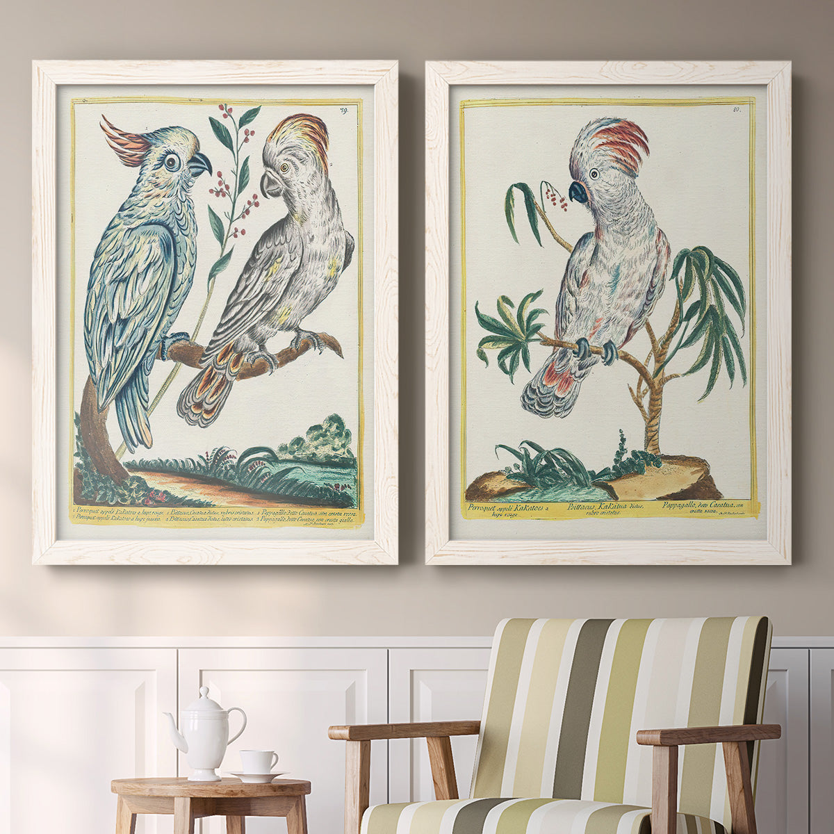 Set of two white barnwood framed canvas prints depicting two atmospheric abstract paintings featuring misty blue gray and violet marks hovering across pale grounds above a sideboard in a cozy sitting room.