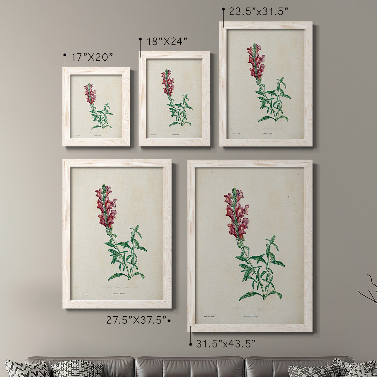 Size comparison chart for a set of two white barnwood framed canvas prints.