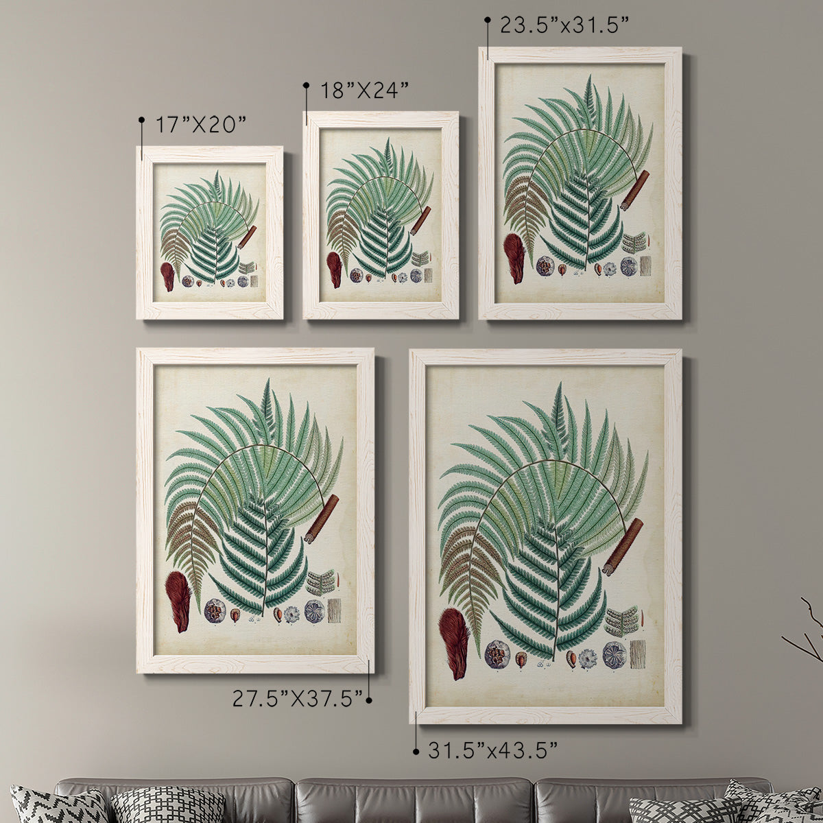 Size comparison chart for a set of two white barnwood framed canvas prints.