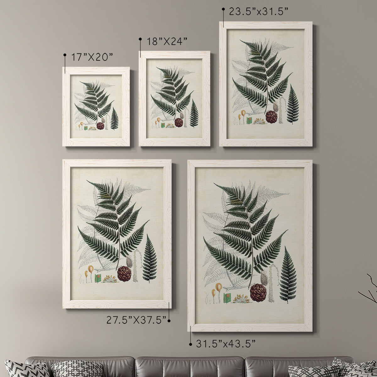 Size comparison chart for a set of two white barnwood framed canvas prints.