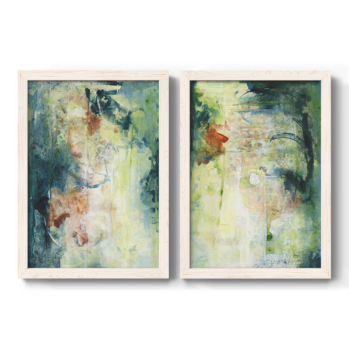 Set of two white barnwood framed canvas prints featuring two nature-inspired mixed-media abstracts featuring layered blue green cream and charcoal textures.