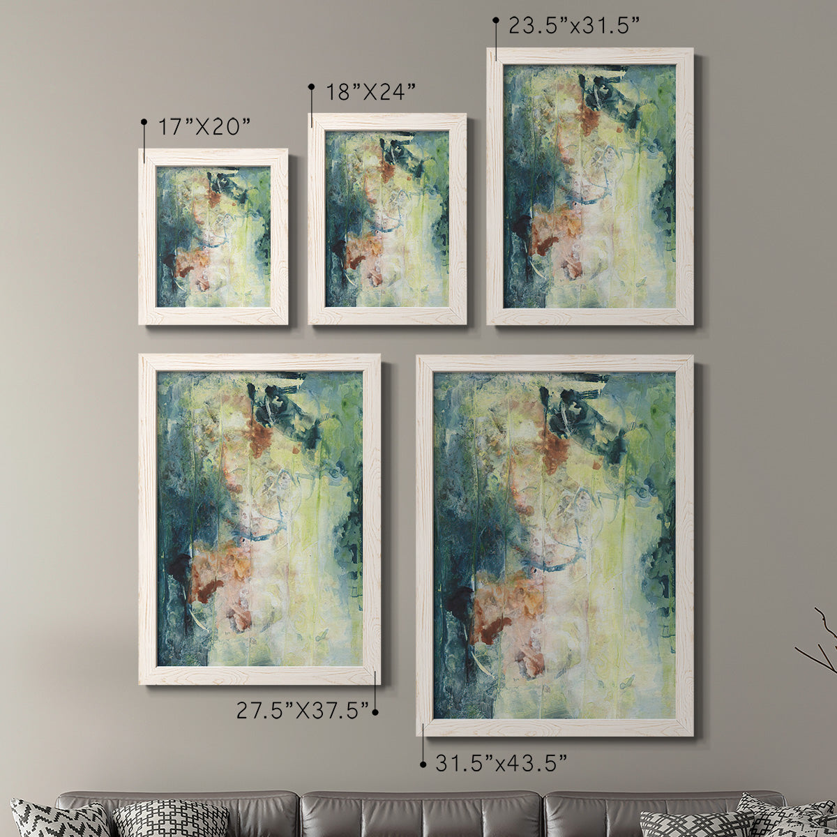 Size comparison chart for a set of two white barnwood framed canvas prints.