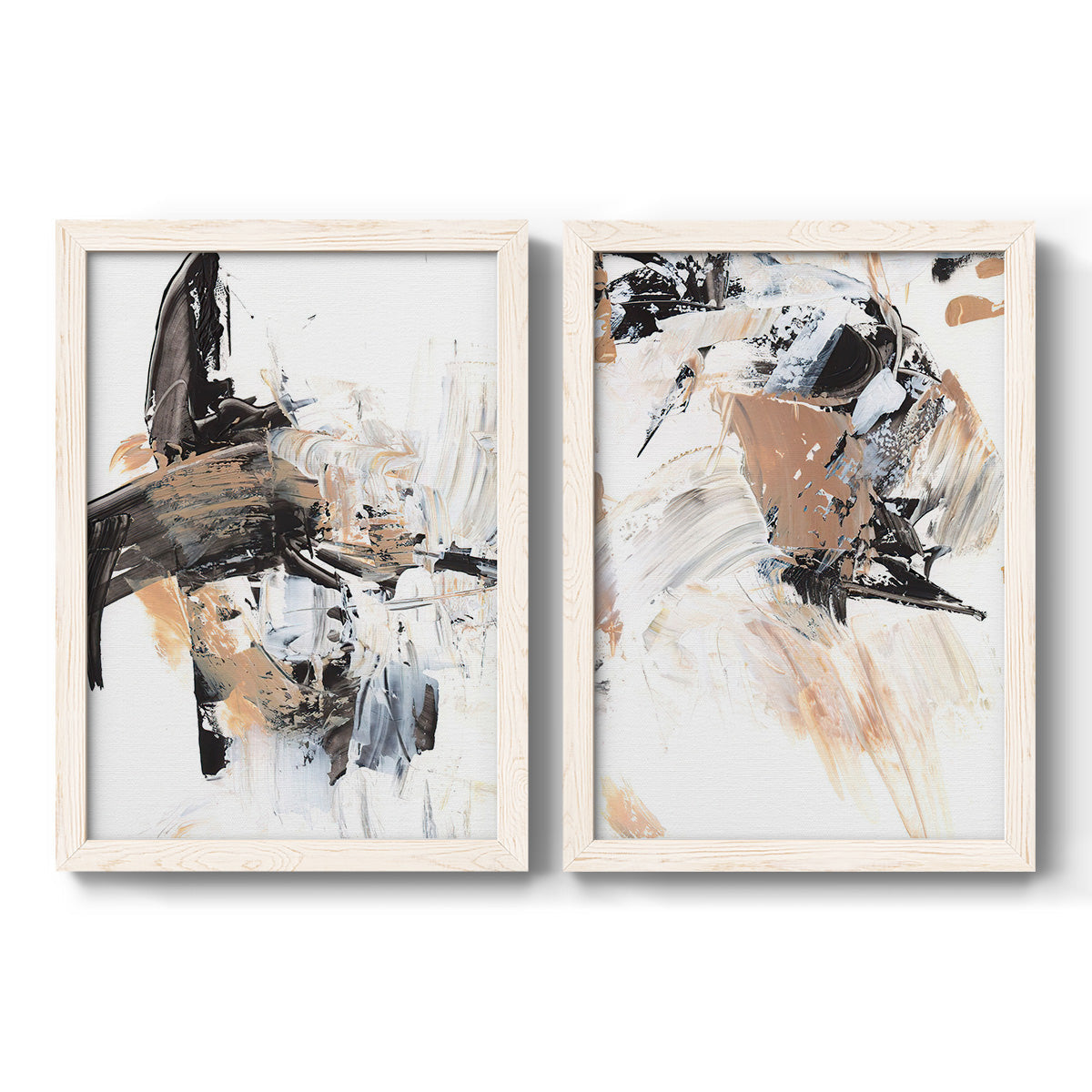 Set of two white barnwood framed canvas prints featuring two bold mixed-media abstracts featuring energetic black white tan and gray painted gestures.