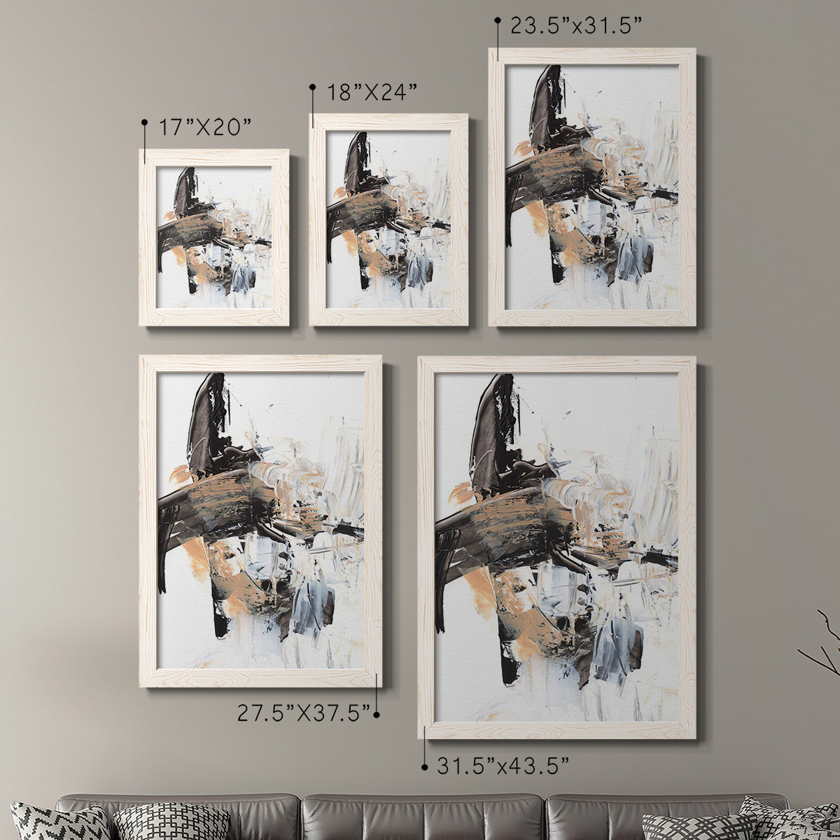 Size comparison chart for a set of two white barnwood framed canvas prints.